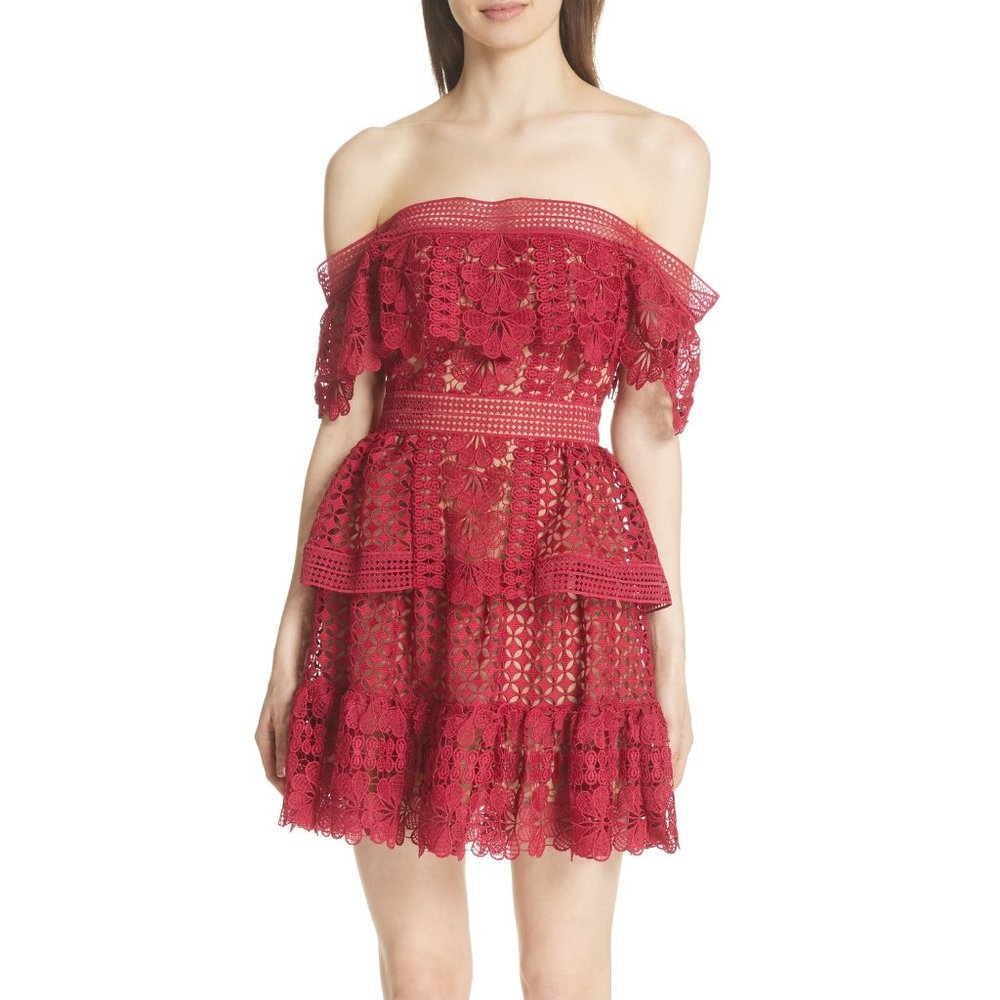 SELF-PORTRAIT Off-the-Shoulder Guipure Lace Red Mini Dress - Size UK4/US0
